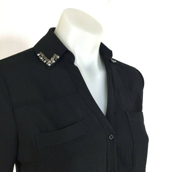 Express Portofino Pearl Button Roll Tab Sheer Black Studded Blouse Top Womens XS - Picture 6 of 8